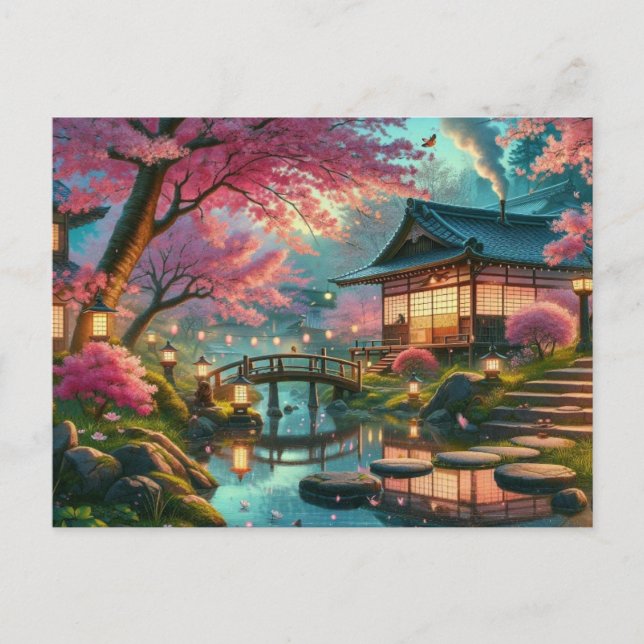 Tranquil Japanese Garden in Spring Painting Postcard (Front)