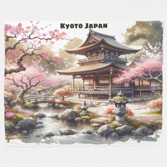 Tranquil Kyoto Japan Watercolor Sketch | Fleece Blanket (Front (Horizontal))