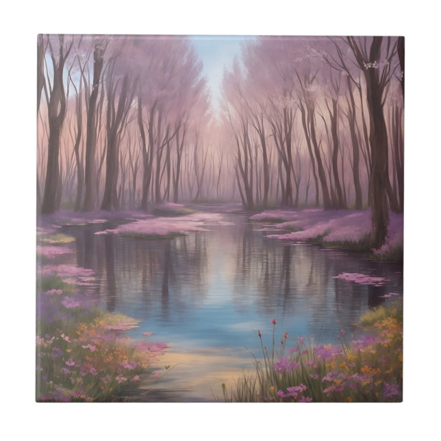 Tranquil Lake Scene With Watercolor Wildflowers Tile (Front)