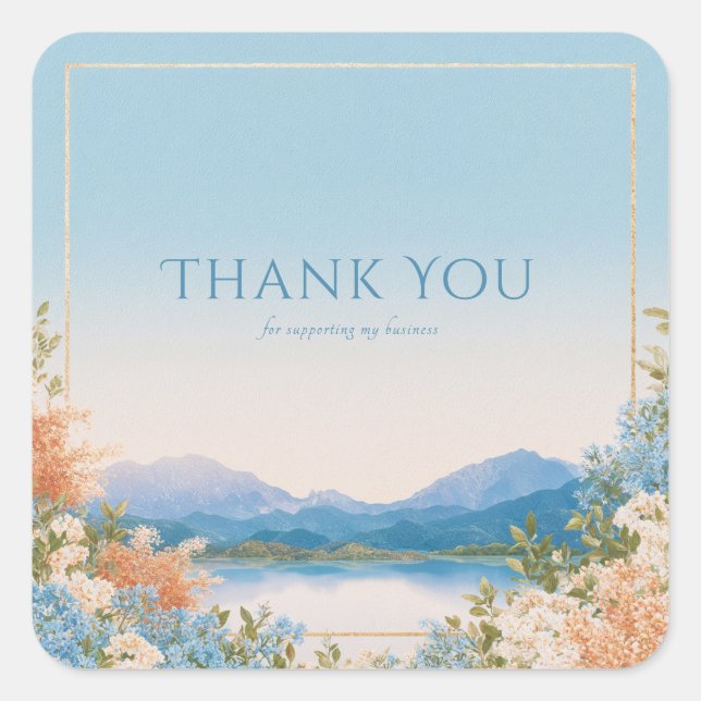 Tranquil Lake Scenery Hydrangea Gold Frame Square Sticker (Front)
