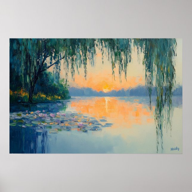 Tranquil Lake Sunset Impressionist Wall Art (Front)