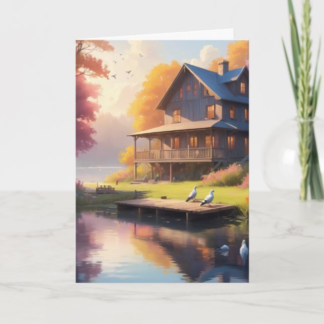 tranquil lakeside | charming wooden house birthday card (Front)