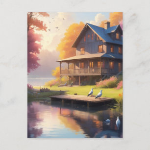 tranquil lakeside   charming wooden house  postcard