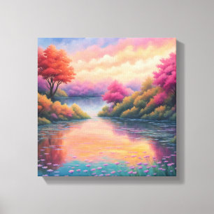 Tranquil Lakeside Escape: Floral Landscape Canvas Print