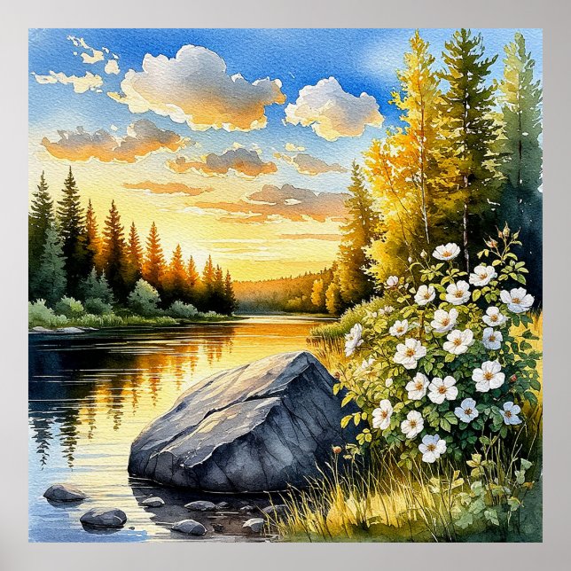 Tranquil Lakeside Landscape At Sunset Poster (Front)