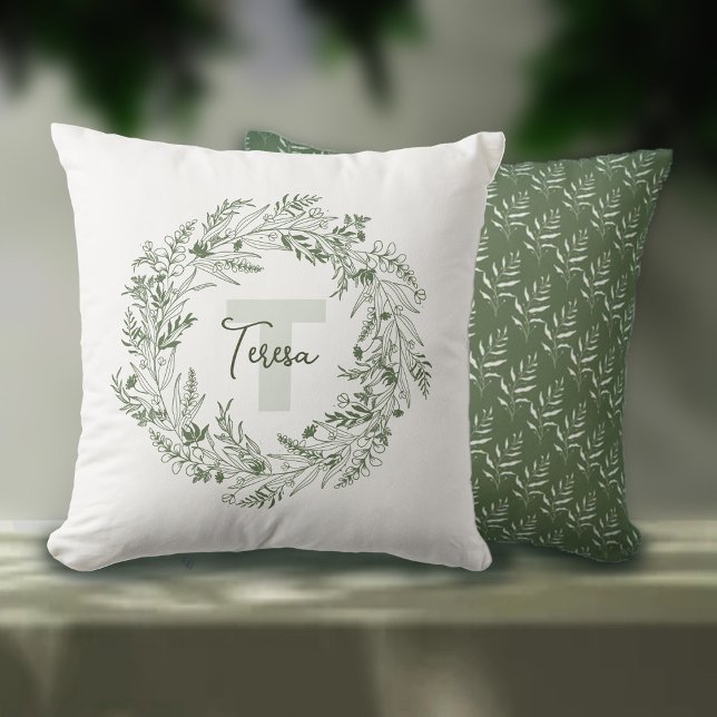 Tranquil Leafy Botanical Monogram T Throw Pillow (Creator Uploaded)
