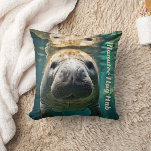 Tranquil Manatee Embrace: Customizable Hug Hub Throw Pillow
