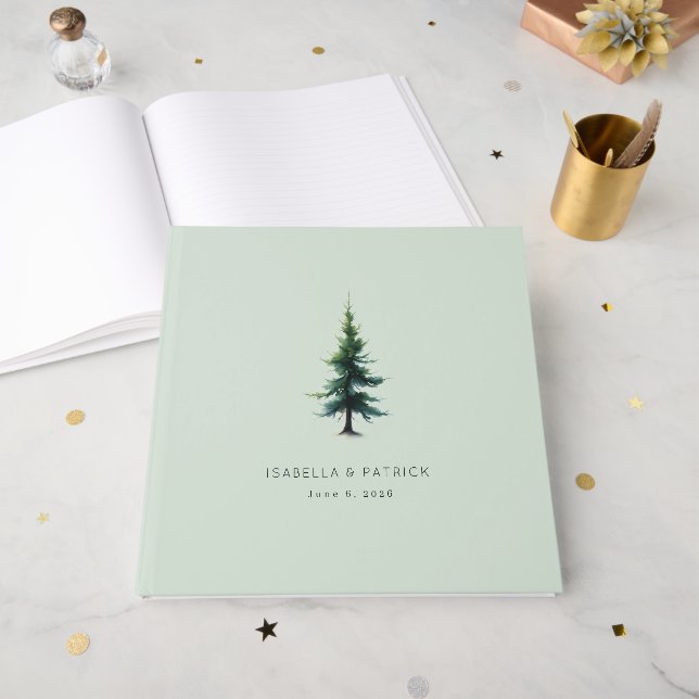 Tranquil Mint Minimalist Evergreen Tree Guest Book (Front Open)