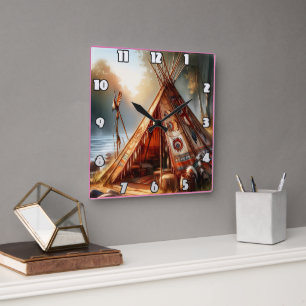 Tranquil native Indian teepee by a serene river Square Wall Clock