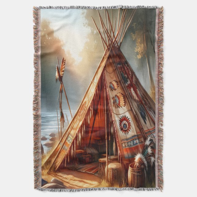 Tranquil native Indian teepee by a serene river Throw Blanket (Front Vertical)