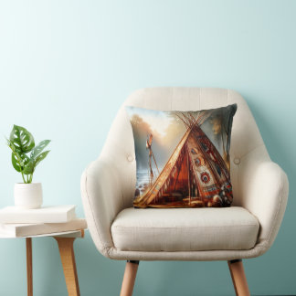 Tranquil native Indian teepee by a serene river Throw Pillow