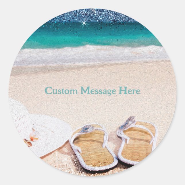 Tranquil Ocean Beach: Summer Sunhat and Sandals Classic Round Sticker (Front)