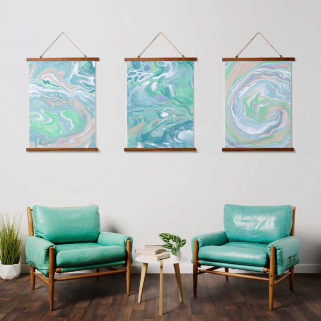 Tranquil Pale Blue and Green Fluid Art Hanging Tapestry (Living Room)