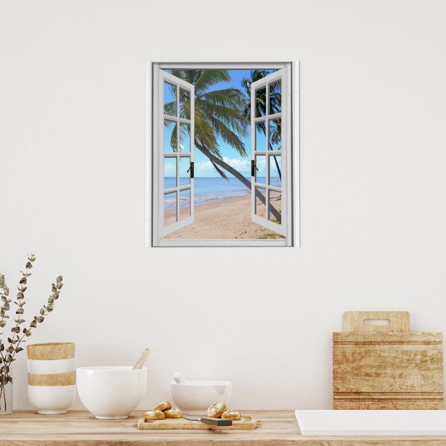 Tranquil Palms and Ocean Artificial Window View Poster (Kitchen)