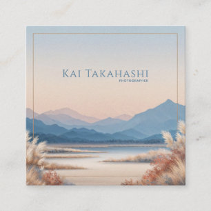 Tranquil Pampas Grass Lake Mountain Gold Frame Square Business Card
