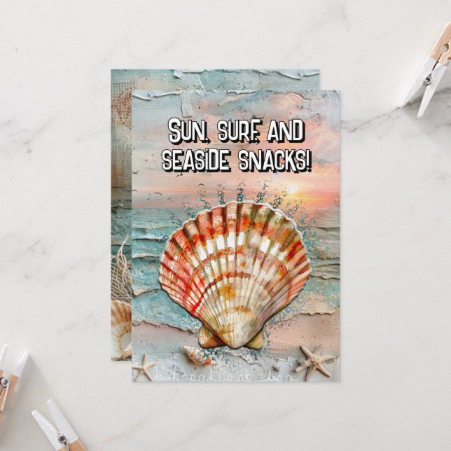 Tranquil Peach and Orange Seashell Watercolor Invitation (Front/Back In Situ)