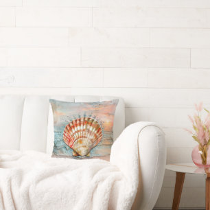 Tranquil Peach and Orange Seashell Watercolor Throw Pillow