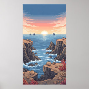 Tranquil pixelated sunrise over ocean with rocky poster