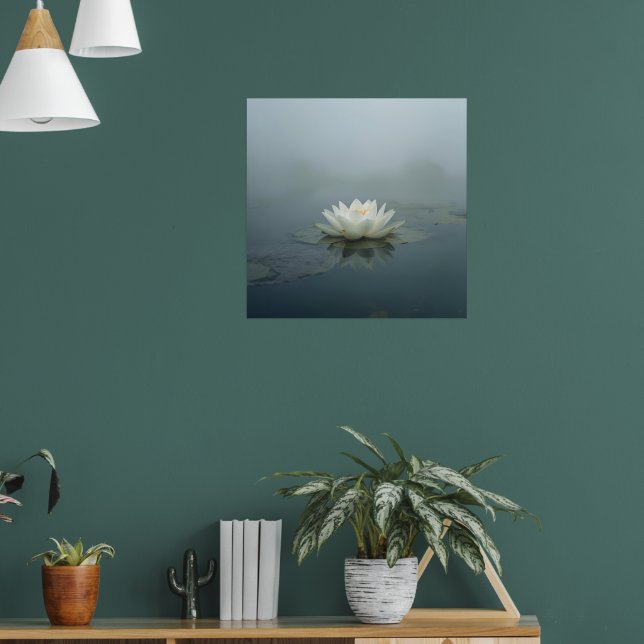 Tranquil Reverie – White Water Lily in Morning Mis Poster (Living Room 1)