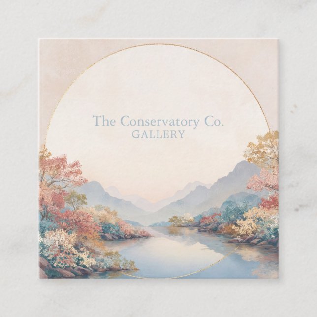 Tranquil River Mountain Round Gold Frame Square Business Card (Front)