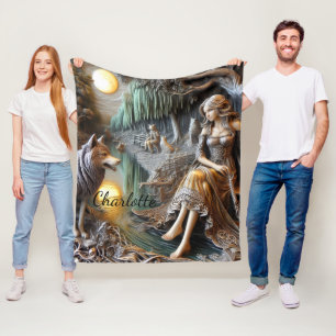Tranquil river night with an Indian and wolf Fleece Blanket