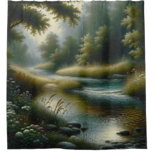 “Tranquil River Through Lush Forest”