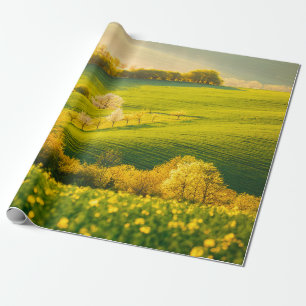 Tranquil rural landscape in sunbeams. Beautiful su Wrapping Paper