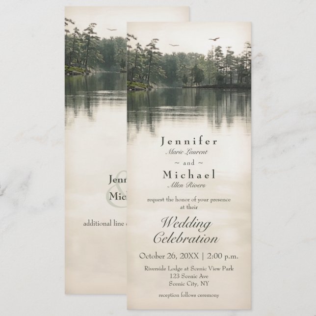 tranquil rustic lake evergreens reflection slender invitation (Front/Back)