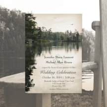tranquil rustic lake evergreens reflection wedding