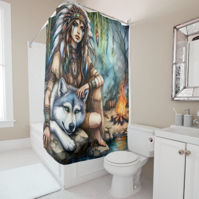 Tranquil scene: Native and wolf by water (In Situ)
