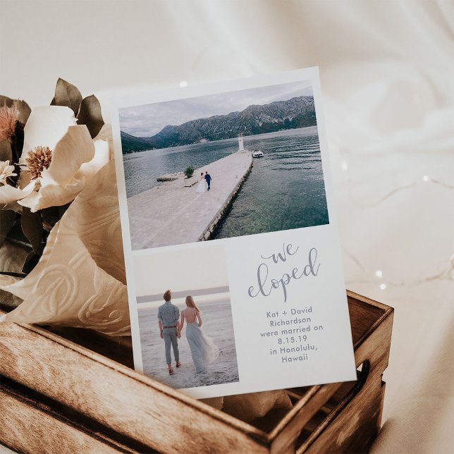 Tranquil Seas | Two Photo We Eloped Announcement (A simple and elegant wedding elopement announcement with serene blue text and two of your photos)