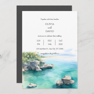 Tranquil Seaside Coastal Teal Water Lagoon Wedding Invitation