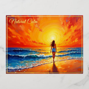 Tranquil shore walk sunset ocean bright art foil holiday postcard