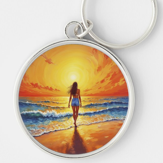 Tranquil shore walk sunset ocean bright art keychain (Front)