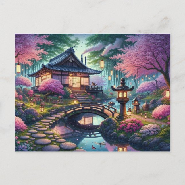 Tranquil Spring Evening in a Japanese Garden Postcard (Front)