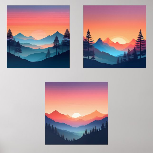 Tranquil Sunset Mountain Art Set of 3 (Front)