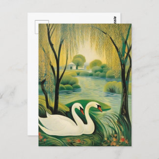 Tranquil Swans in a Serene Landscape Postcard