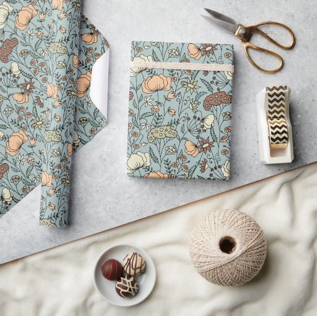 Tranquil Teal Meadow Of Wildflowers Wrapping Paper (Crafts)