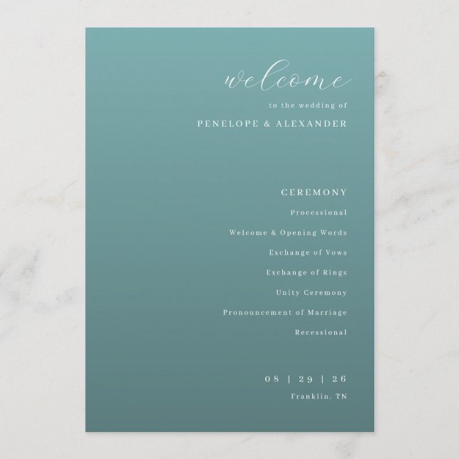 Tranquil Teal Wedding Ceremony Schedule Program (Front)