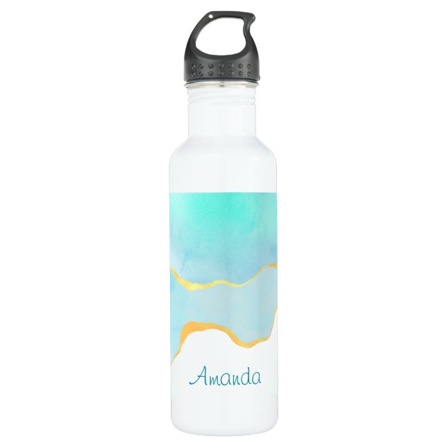 Tranquil Tropical Green Blue with Gold Border 710 Ml Water Bottle (Front)