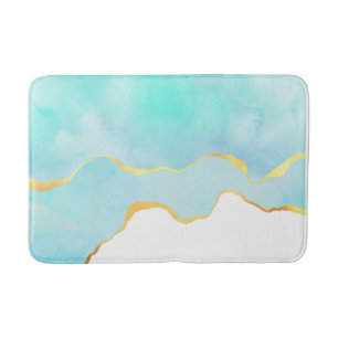 Tranquil Tropical Green Blue with Gold Border Bath Mat