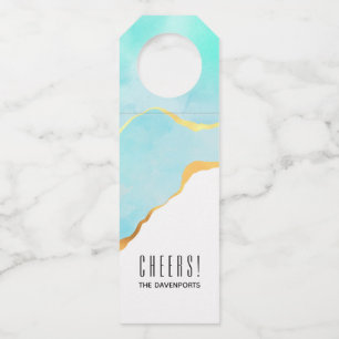 Tranquil Tropical Green Blue with Gold Border Bottle Tag