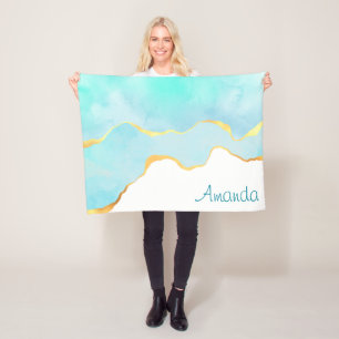 Tranquil Tropical Green Blue with Gold Border Fleece Blanket