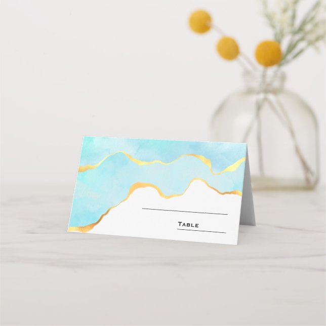 Tranquil Tropical Green Blue with Gold Border Place Card (Front)