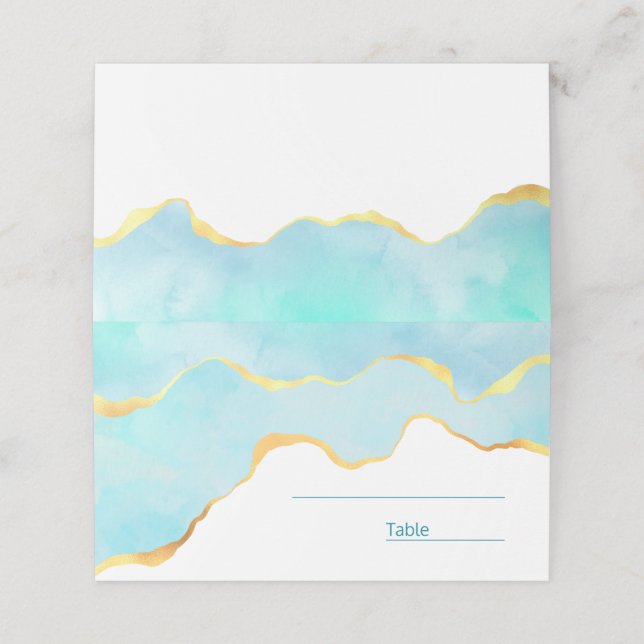  Tranquil Tropical Green Blue with Gold Border Place Card (Outside Unfolded)