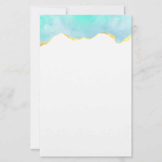 Tranquil Tropical Green Blue with Gold Border Stationery (Front)