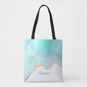 Tranquil Tropical Green Blue with Gold Border Tote Bag