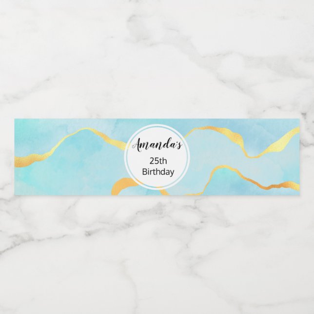 Tranquil Tropical Green Blue with Gold Border Water Bottle Label (Single Label)