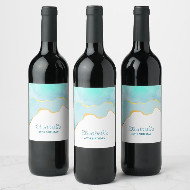 Tranquil Tropical Green Blue with Gold Border Wine Label (Bottles)