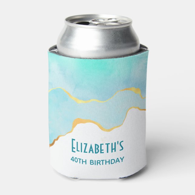 Tranquil Tropical Green with Gold Border Birthday Can Cooler (Can Front)